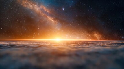 Vibrant sunrise above the clouds with a cosmic background.