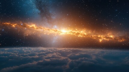 Cosmic scene with clouds beneath a glowing galaxy in space.