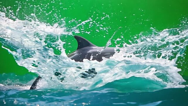 Dolphin splashing in water against a vibrant green screen background, with dynamic movements, water droplets flying through the air, and its sleek body cutting through the surface, perfect for animati
