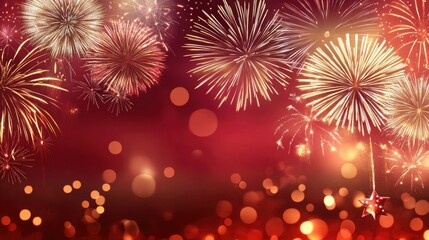 Spectacular Fireworks Display over Festive Red Background with Sparkling Lights