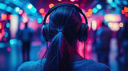 Person listening to music with headphones in a vibrant atmosphere.