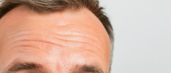 Fototapeta premium close up of man forehead showing smooth skin and subtle wrinkles, with focus on texture and detail. image highlights natural skin features and hairline