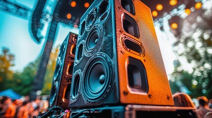 Vibrant speakers at a lively outdoor music event.
