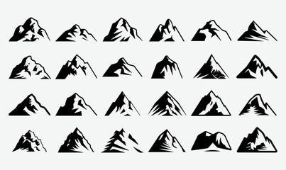 Mountain Silhouette Set, Minimalist Black and White Peaks, Adventure Logo Icons, Abstract Alpine Range, Nature-Inspired Graphic Design, Rugged Summit Illustrations, Outdoor Landscape Elements, Snowy T