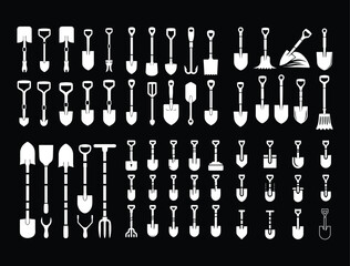 Vintage gardening tools collection, white silhouettes on black background
