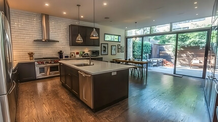 Modern kitchen, open plan design, backyard view, sunlight, home interior, real estate listing