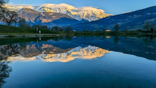 Sunset at Lac De Passy lake, France.