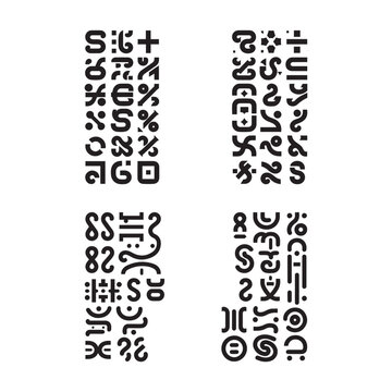 Abstract symbols, cryptic glyphs, black and white typography