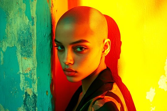 Gorgeous calm mixed-race girl - for ads, magazine ad and web use. Commercial ad campaign conceptual art. Short hairdo - bald head - no hair. Advertising model concept. Black concept ad.