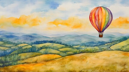 Fototapeta premium Watercolor Painting of Hot Air Balloon Soaring Over Scenic Rolling Hills and Mountains Landscape