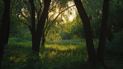 Obraz premium Sunset Through the Trees: A Serene Woodland Vista