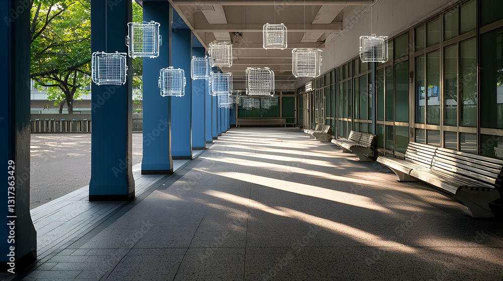 Poster modern hallway with geometric columns windows and digital overlay in blue and gray tones with sunlig