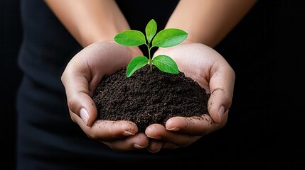 Hands holding soil with a small green plant sprouting, isolated on a dark background.