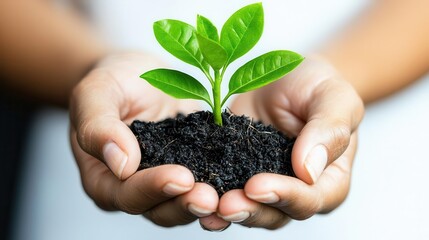 Hands holding a small green plant in rich soil, symbolizing growth and care.