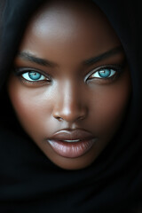 A captivating portrait of a woman with striking blue eyes, wearing a black headscarf, exuding elegance, mystery, and confidence.

