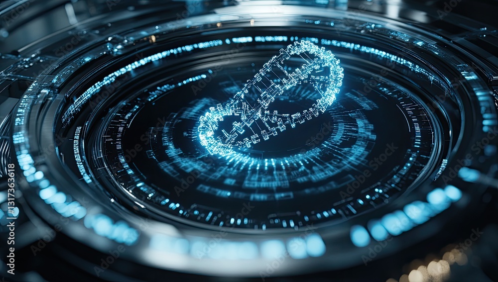 Poster futuristic dna interface display. a circular display with glowing, detailed, dna-like structure. inn