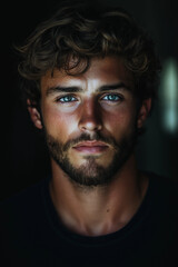 Fototapeta premium A close-up portrait of a man with a strong gaze, tousled hair, and a well-defined beard, illuminated by soft lighting.