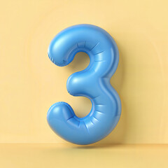 Fototapeta premium Shiny blue number 3 balloon on a yellow background