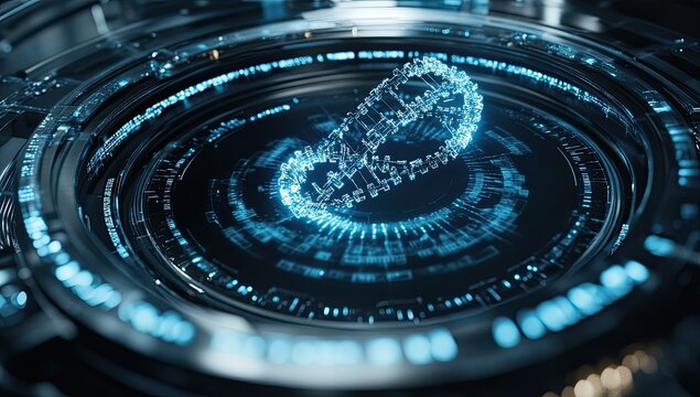 Futuristic DNA interface display.  A circular display with glowing, detailed, DNA-like structure.  Inner and outer rings of intricate digital code