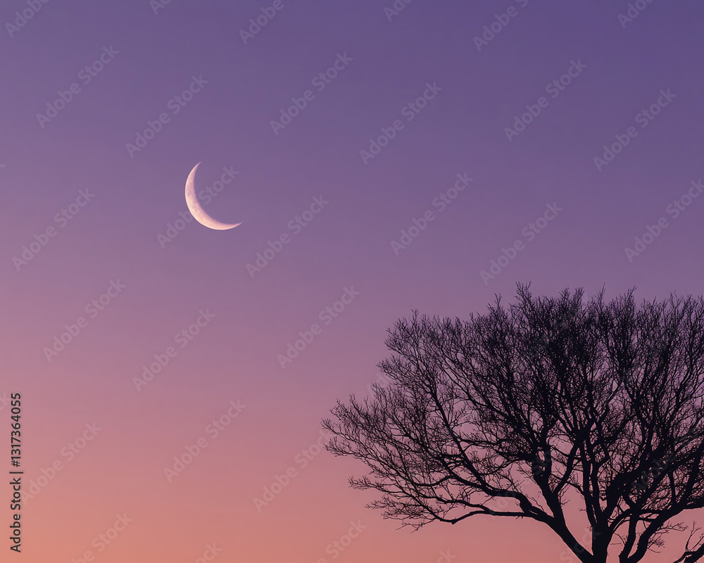 Poster crescent moon in a purple and pink twilight sky, silhouetted by a leafless tree branch, creating a s