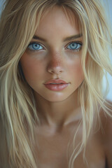 A close-up portrait of a young blonde woman with striking blue eyes, natural makeup, and tousled hair, exuding beauty, freshness, and elegance

