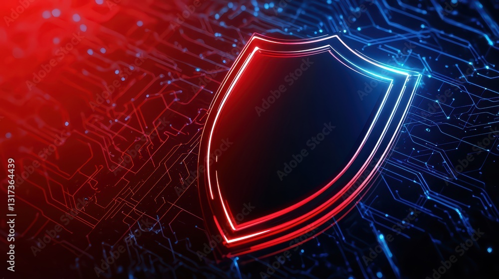 Poster futuristic digital shield design with glowing edges on high-tech circuit background