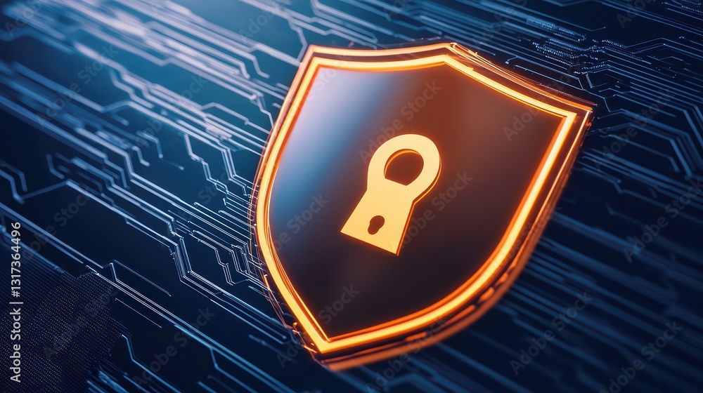 Poster futuristic digital shield design with glowing elements for cybersecurity and protection concepts