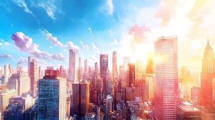 Obraz premium Stunning Sunrise Cityscape Panorama Modern Skyscrapers and Bright Sky