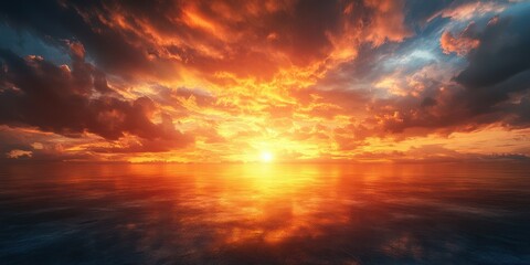Vibrant sunset over calm ocean with dramatic clouds reflecting warm colors in the evening sky