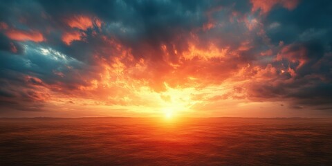 Vibrant sunset over calm ocean waters with dramatic clouds reflecting warm colors at evening