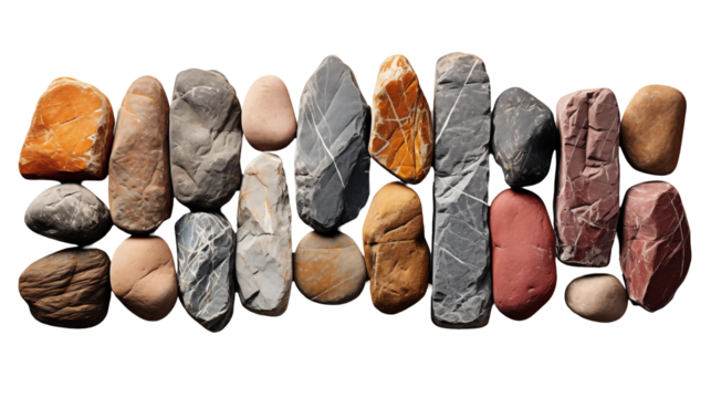 Colorful River Rocks Seamless Stone Texture, Red Grey Brown Beige for Design Elements, isolated on transparent background. - Powered by Adobe