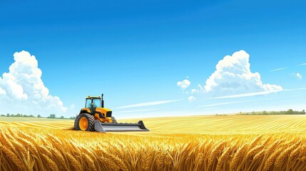 Obraz premium Tractor working in a golden wheat field under a bright blue sky.