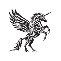 "Dynamic Black and White Digital Illustration of a Pegasus in Flight"