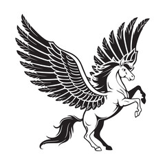 "Dynamic Black and White Pegasus with Detailed Wings – Mythical Winged Horse Illustration"