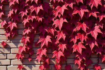 Vibrant Red Leaves Climbing Brick Wall - Autumn Foliage on Masonry