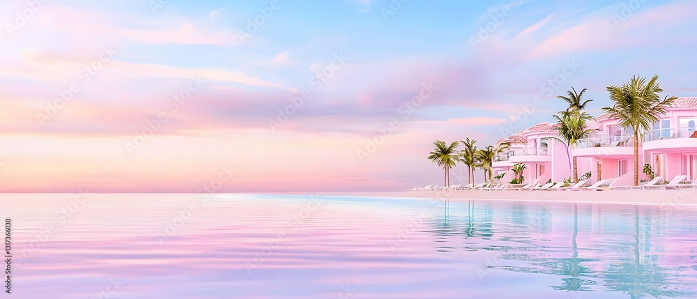 Poster a pink building with a palm tree in front of it