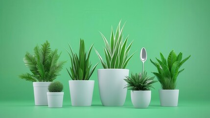 Fototapeta premium Various green plants in white pots against a vibrant green background.