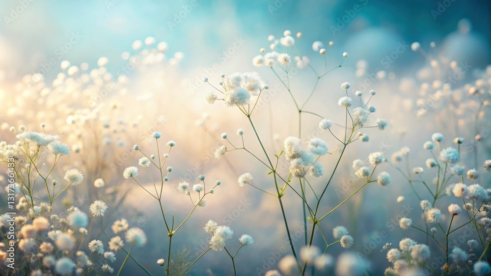 Poster a field of delicate white wildflowers swaying gently in the soft, ethereal light of a hazy sunrise.