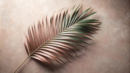 A single palm frond with rich green and muted brown tones, gracefully arranged on a textured beige surface, evoking a sense of tranquility and organic beauty.