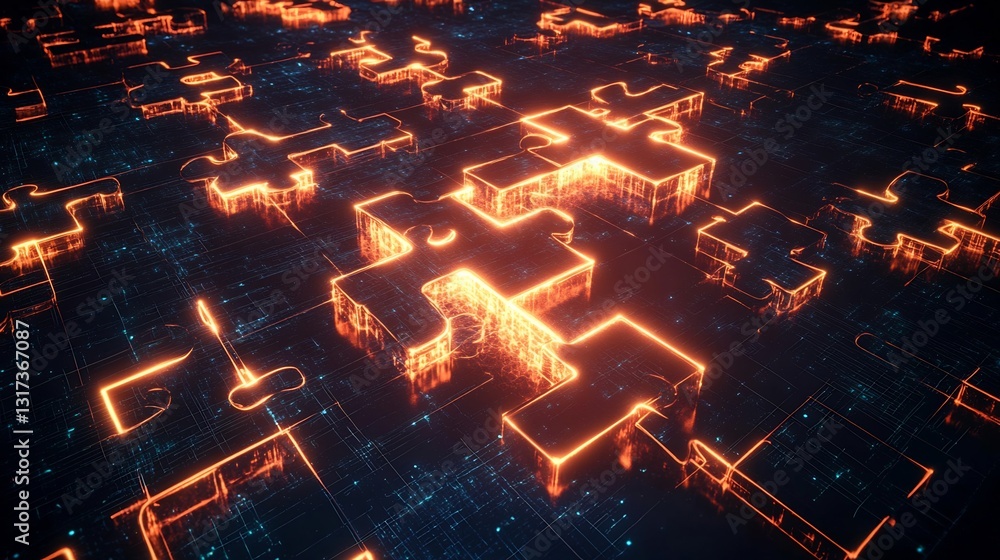 Poster acquisition process depicted glowing interconnected puzzle pieces forming unified structure