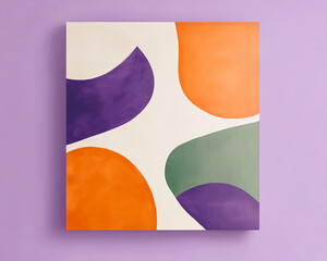 Abstract artwork featuring orange, purple, and green shapes on a beige background, displayed against a lavender wall, showcasing a modern and minimalist design concept