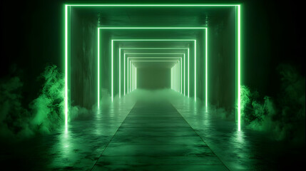 Fototapeta premium Green Neon Light Tunnel With Smoke In A Dark Futuristic Setting With 3D Rendered Illustration