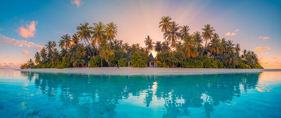 Amazing island panorama, palm trees sea sand reflections. Panoramic landscape, inspire tropical...