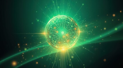 Obraz premium Graceful and elegant futuristic sci-fi artwork: a radiant green sphere emitting glowing particles and light streaks.