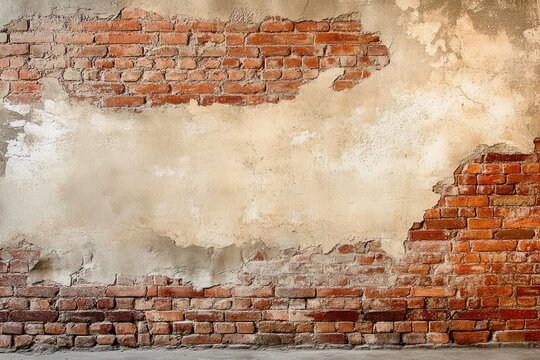 Weathered brick wall with cracked plaster and rustic texture. Neural network AI generated