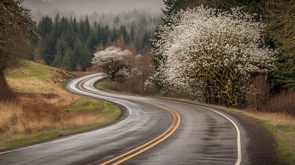 Fototapeta premium Winding road, spring blossoms, misty forest, travel