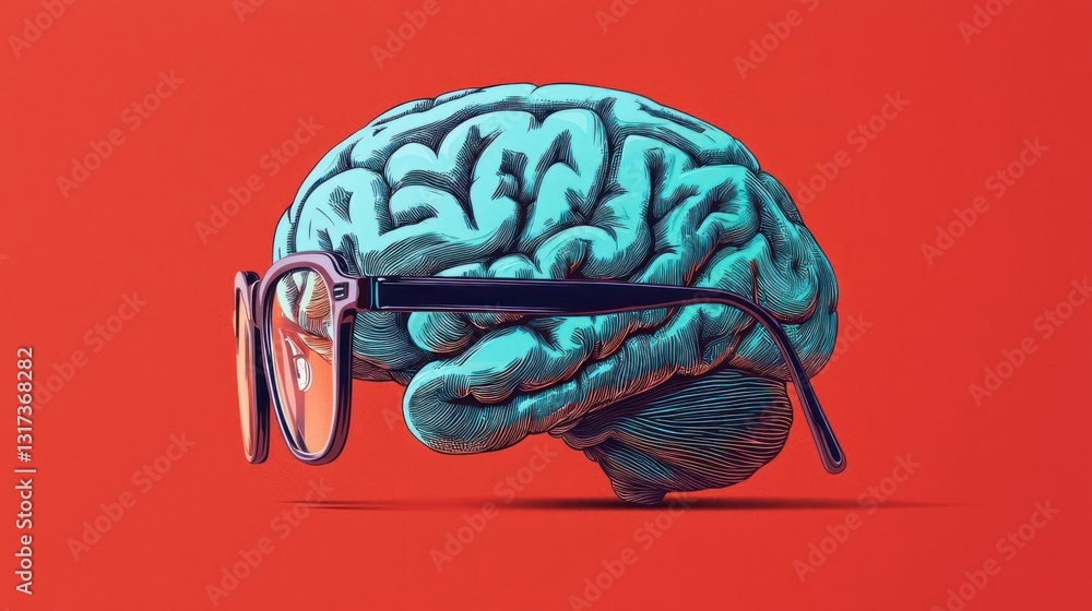 Poster teal brain with eyeglasses overlay against red background illustrating cognitive function and vision