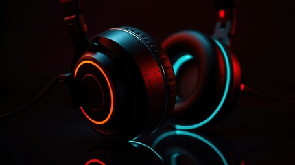 High-detail close-up of black headphones with red accents.  Bioluminescent teal glow against a reflective surface. Futuristic sci-fi style, moody lighting enhancing the luxurious feel.