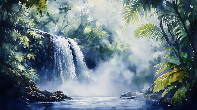 Serene Waterfall in Lush Tropical Rainforest Landscape Misty Tranquil Scene - Powered by Adobe