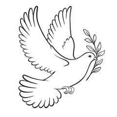Dove of Peace with Olive Crown. Black and White Illustration, Outline, Silhouette